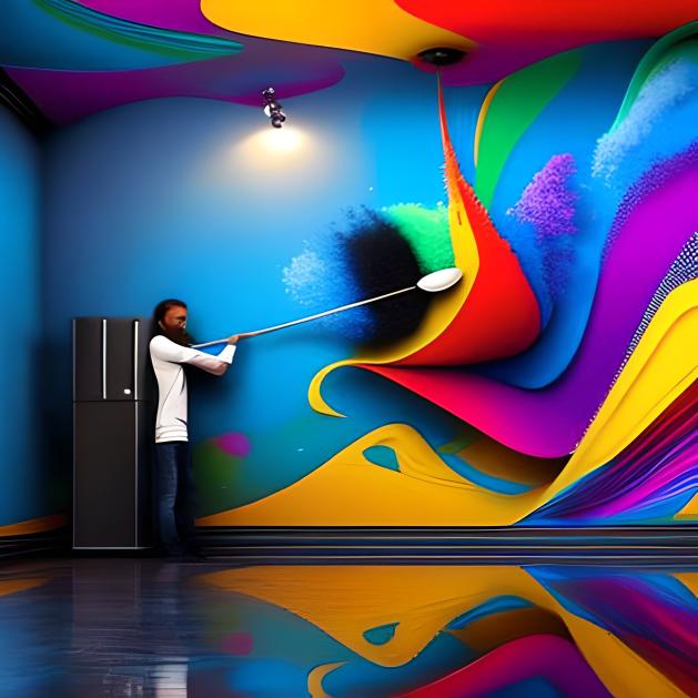 An artist with a large brush painting on a colourful wall and ceiling