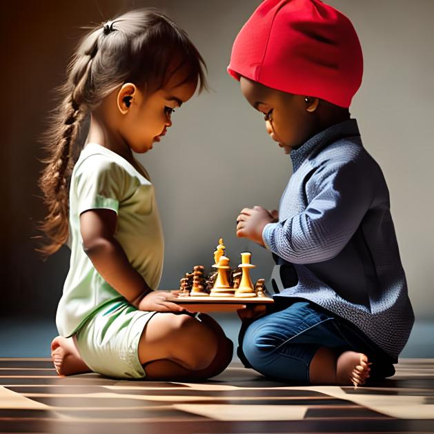 Two kids humbly staring at a chess board