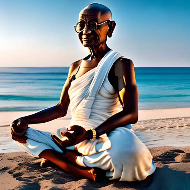 picture of Gandhi patiently sitting on a beach