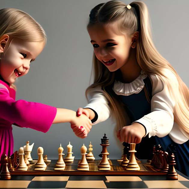 two young chess players shaking hands over a chess board